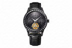 PINDU PD5037 tourbillon watch with black diamond-encrusted dial and black leather strap, front view
