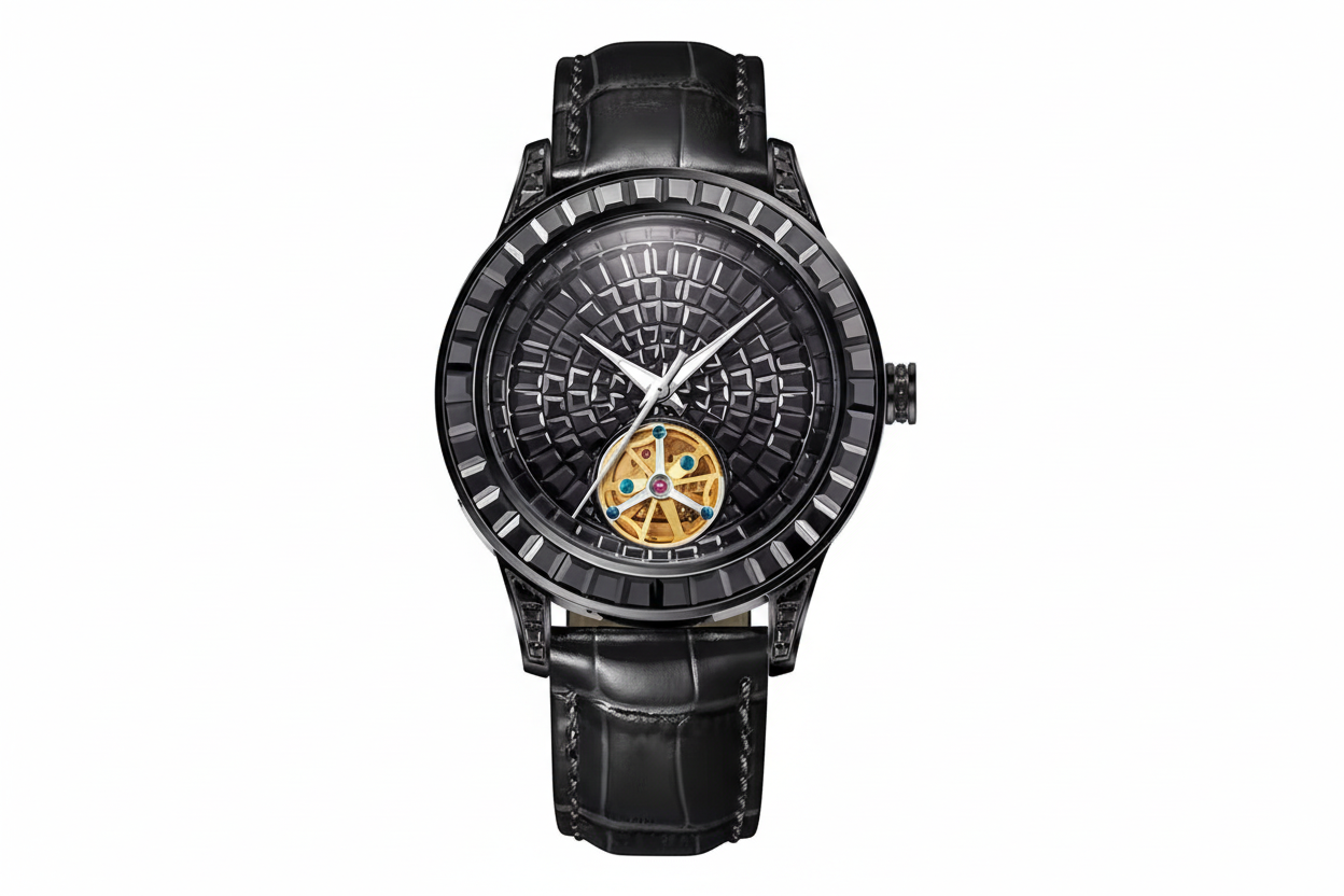 PINDU PD5037 tourbillon watch with black diamond-encrusted dial and black leather strap, front view