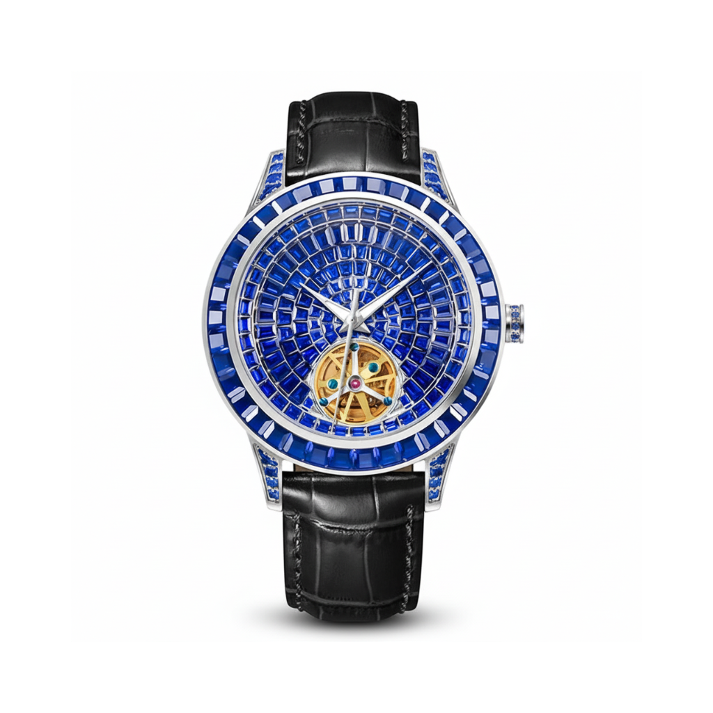 PINDU PD5037 tourbillon watch with blue sapphire-encrusted dial and black leather strap, front view