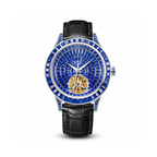 PINDU PD5037 tourbillon watch with blue sapphire-encrusted dial and black leather strap, front view