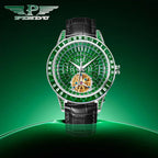 PINDU PD5037 tourbillon watch with green emerald dial on green branded backdrop, front view