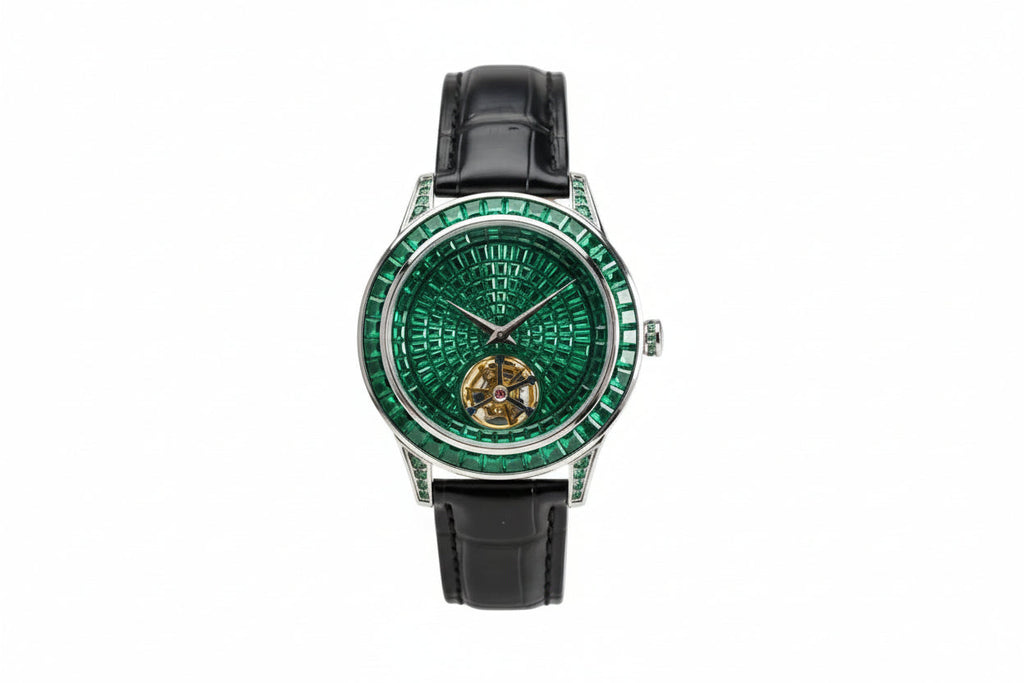 PINDU PD5037 tourbillon watch with green emerald-encrusted dial and black leather strap, front view