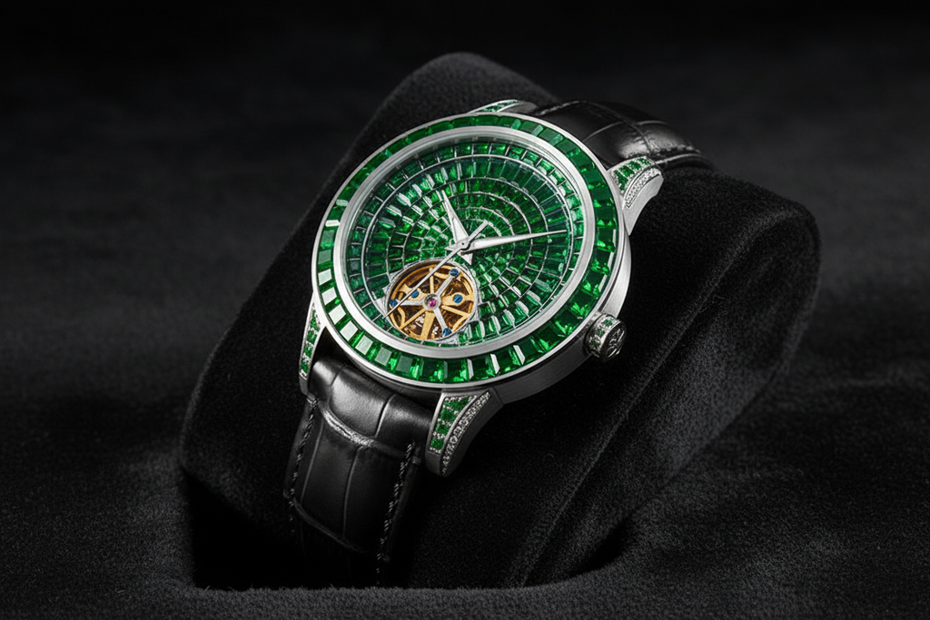 PINDU PD5037 tourbillon watch side view with green emerald dial on black display