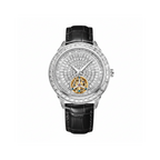 PINDU PD5037 tourbillon watch with white diamond-pave dial and black leather strap, front view