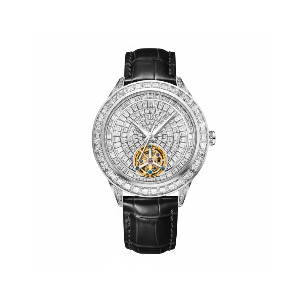 PINDU PD5037 tourbillon watch with white diamond-pave dial and black leather strap, front view