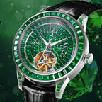 PINDU PD5037 hand-encrusted diamond tourbillon watch with green gemstone dial and black leather strap
