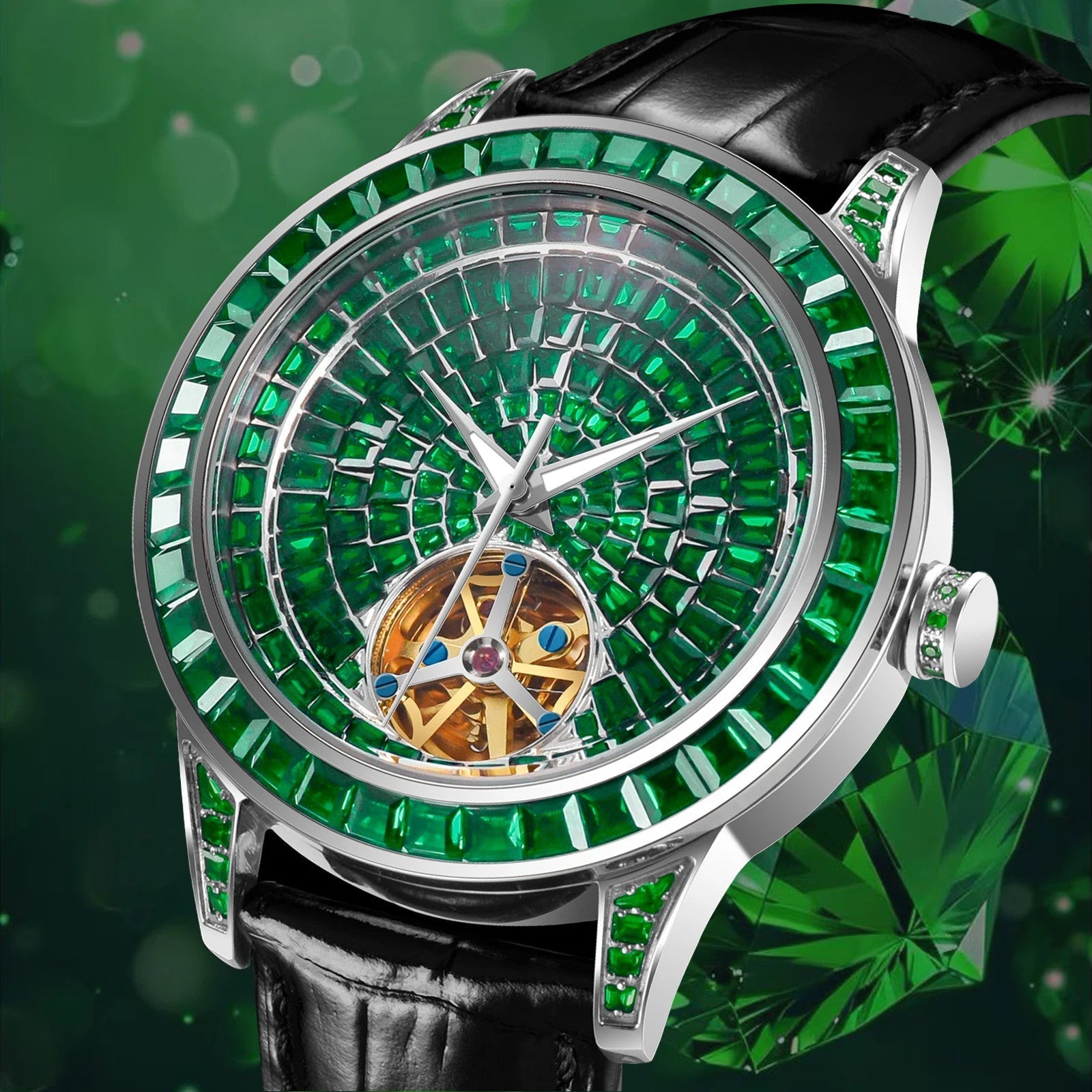 PINDU PD5037 hand-encrusted diamond tourbillon watch with green gemstone dial and black leather strap
