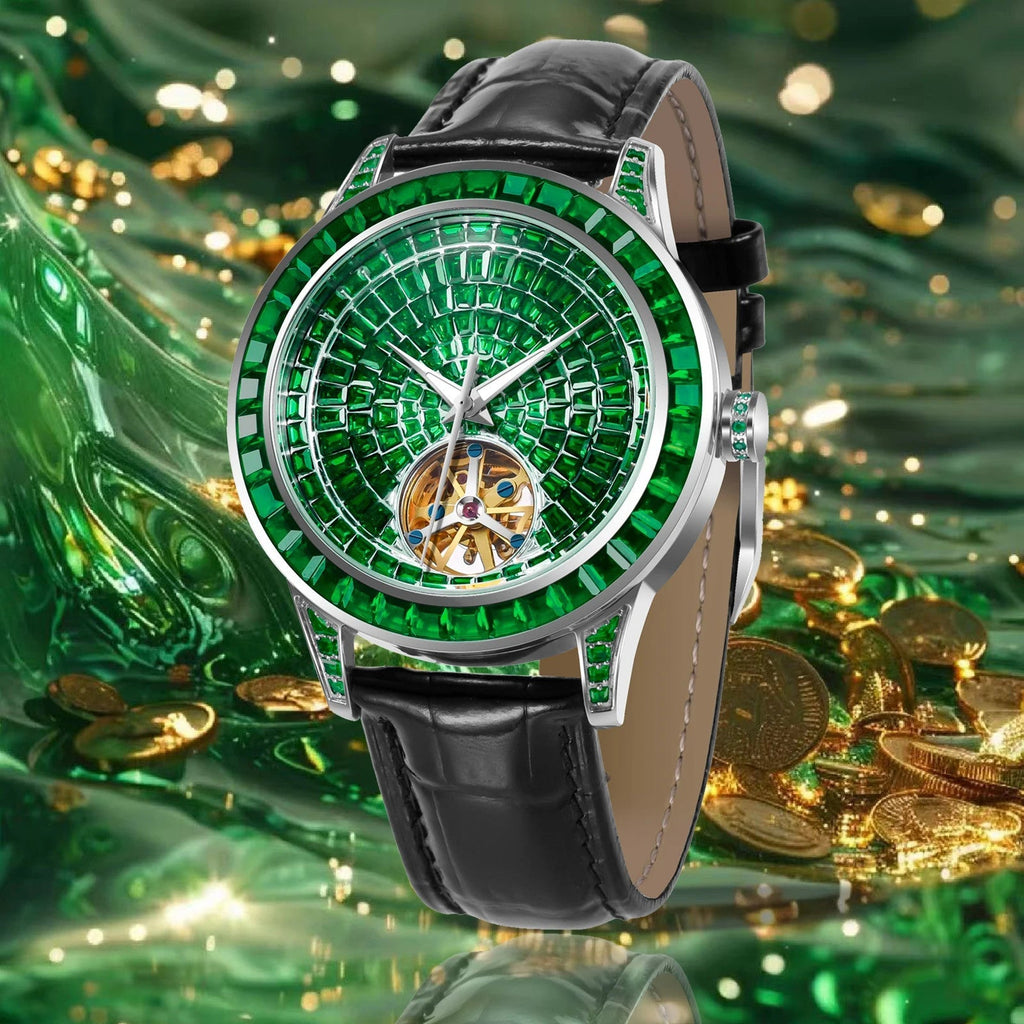 PINDU PD5037 hand-encrusted diamond tourbillon watch with green gemstone dial and black leather strap