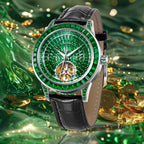 PINDU PD5037 hand-encrusted diamond tourbillon watch with green gemstone dial and black leather strap