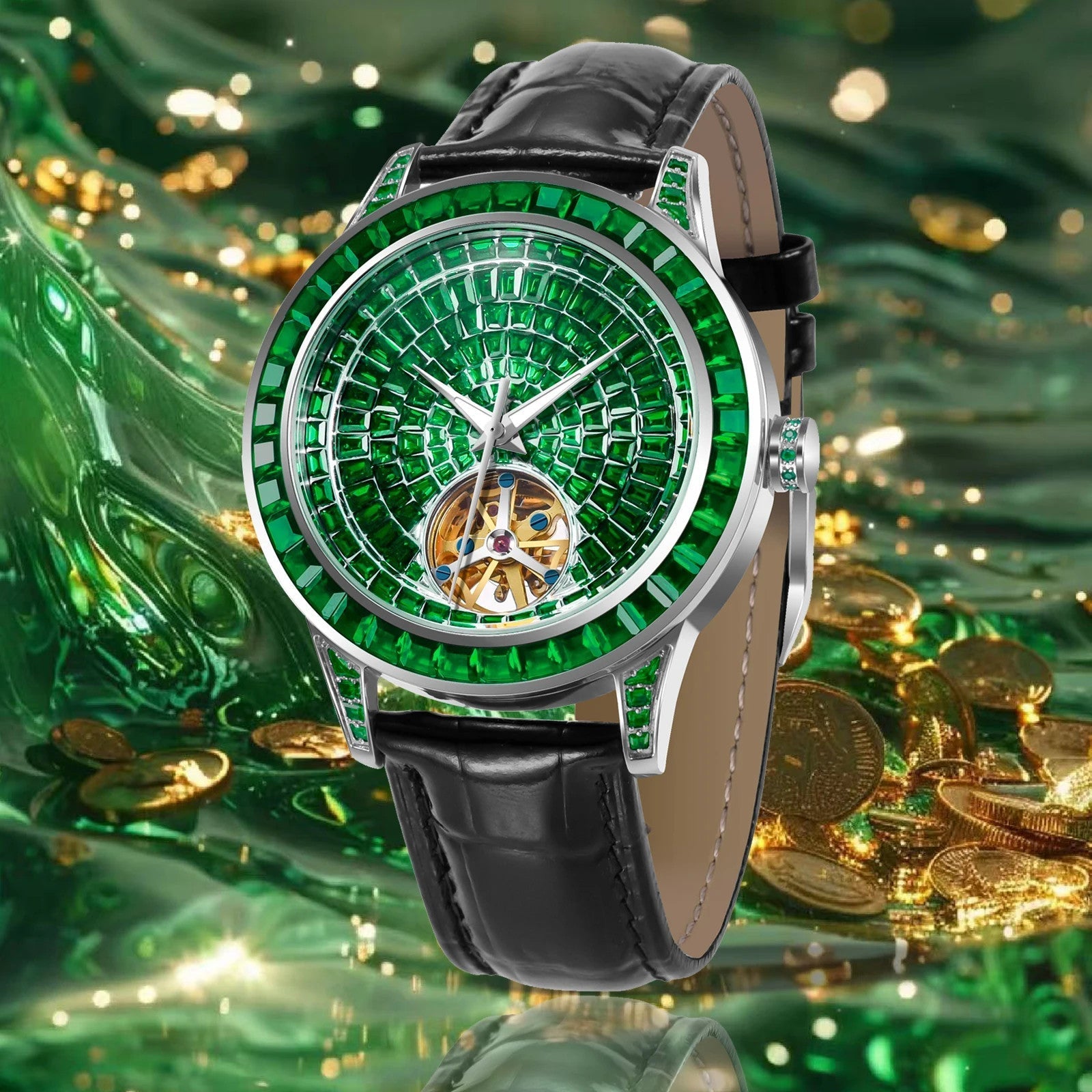 PINDU PD5037 hand-encrusted diamond tourbillon watch with green gemstone dial and black leather strap