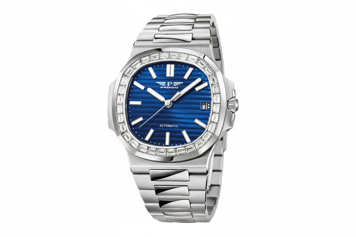 PINDU PD6502 automatic watch silver case diamond bezel with blue striped dial, front