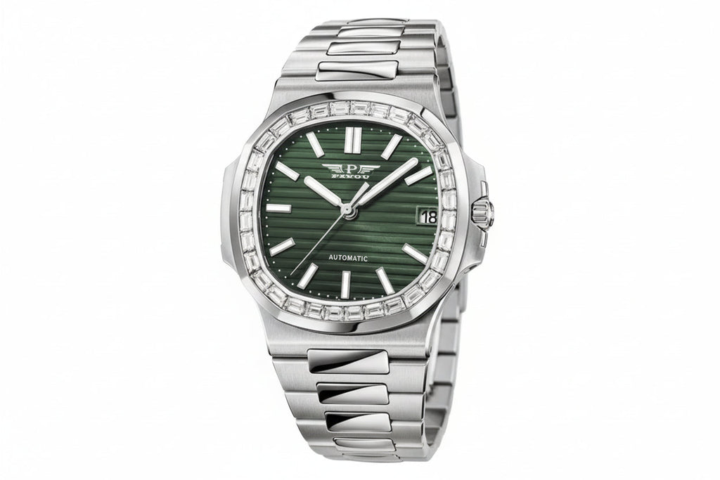 PINDU PD6502 automatic watch silver case diamond bezel with green dial, front view