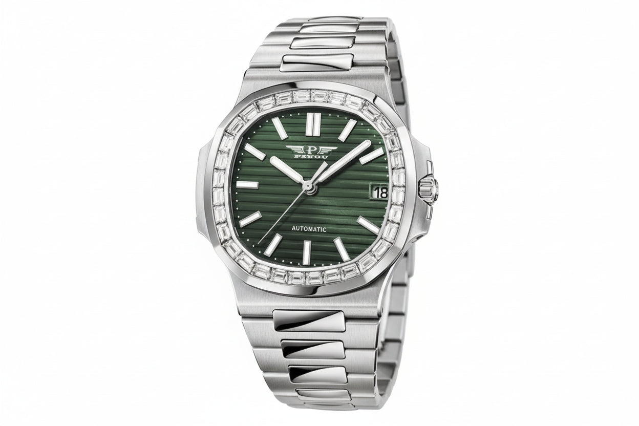 PINDU PD6502 automatic watch silver case diamond bezel with green dial, front view