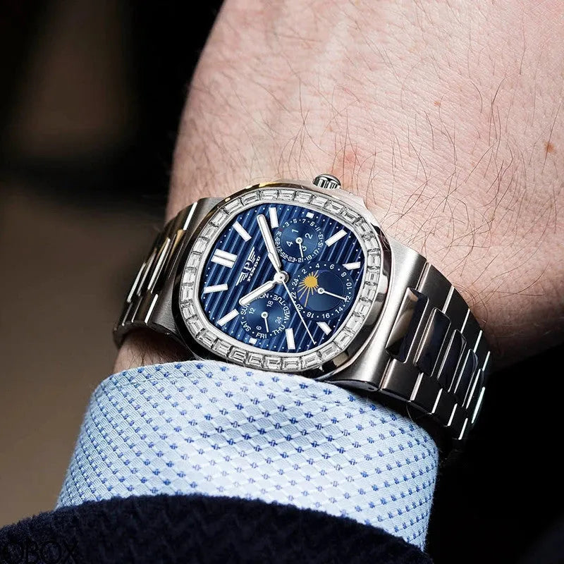 PINDU PD6502 Moon Phase silver men's automatic watch with blue dial and diamond bezel on wrist
