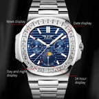 PINDU PD6502 moon phase watch features graphic with day, date, 24-hour and moon displays