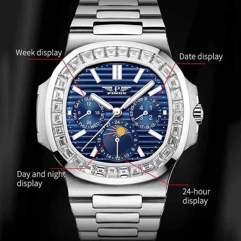PINDU PD6502 moon phase watch features graphic with day, date, 24-hour and moon displays