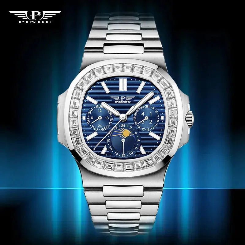 PINDU PD6502 automatic moon phase watch silver case diamond bezel with blue dial, front