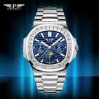 PINDU PD6502 automatic moon phase watch silver case diamond bezel with blue dial, front