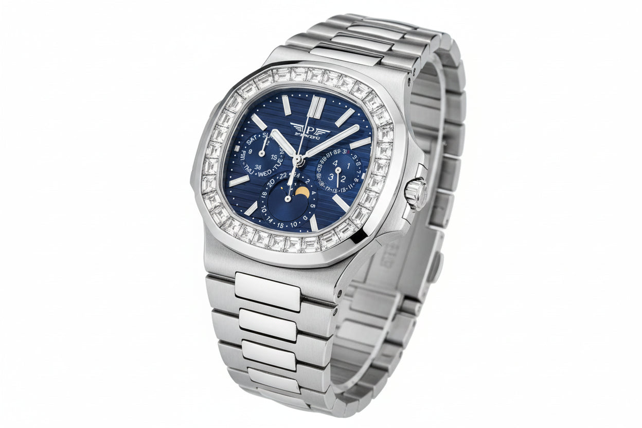 PINDU PD6502 automatic moon phase watch silver case with blue dial, three-quarter side