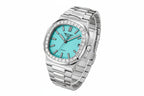 PINDU PD6502 crystal-bezel steel watch with turquoise dial photographed at a three-quarter angle