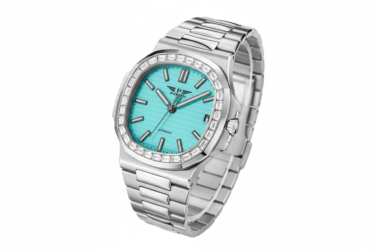 PINDU PD6502 crystal-bezel steel watch with turquoise dial photographed at a three-quarter angle