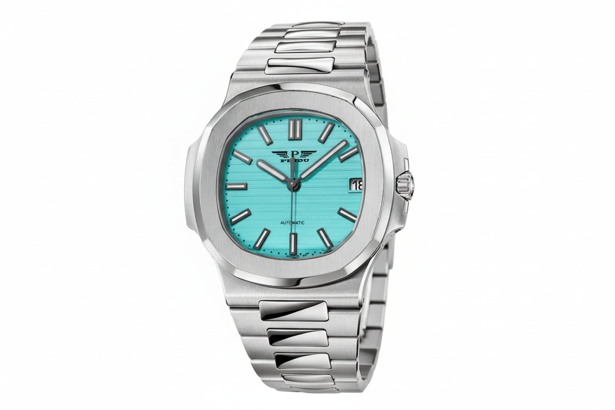 PINDU PD6502 steel watch with turquoise Tiffany-blue embossed dial and steel bracelet, front view