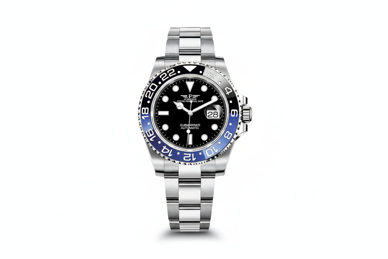 PINDU PD6510 GMT black dial with blue and black bezel on steel bracelet, front view