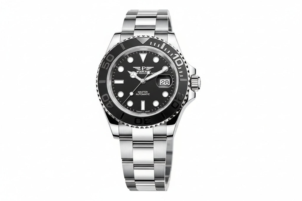PINDU PD6510 GMT automatic watch with black dial and black-blue bezel, front view