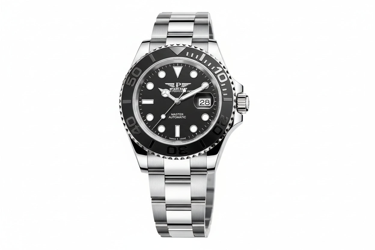 PINDU PD6510 GMT automatic watch with black dial and black-blue bezel, front view