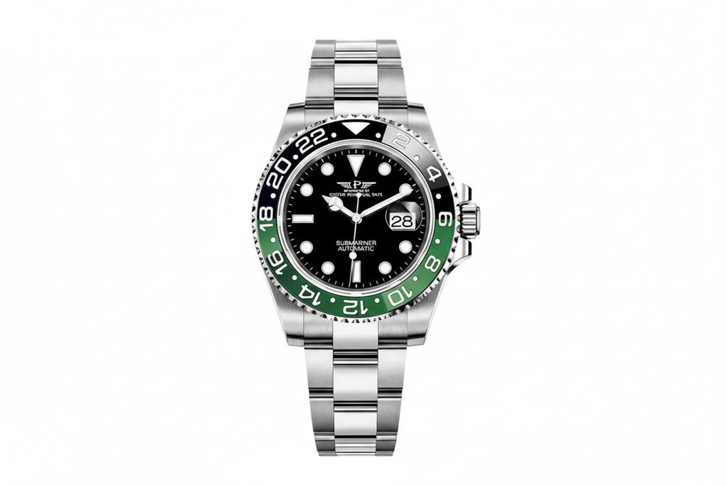 PINDU PD6510 GMT automatic watch with black dial and black-green bezel, front view