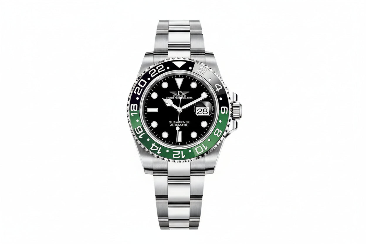 PINDU PD6510 GMT automatic watch with black dial and black-green bezel, front view