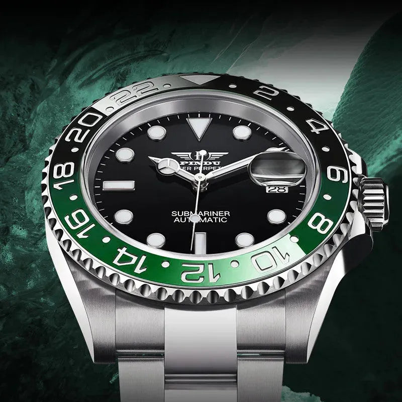 PINDU PD6510 GMT automatic watch with black dial and green-black bezel on stainless steel bracelet