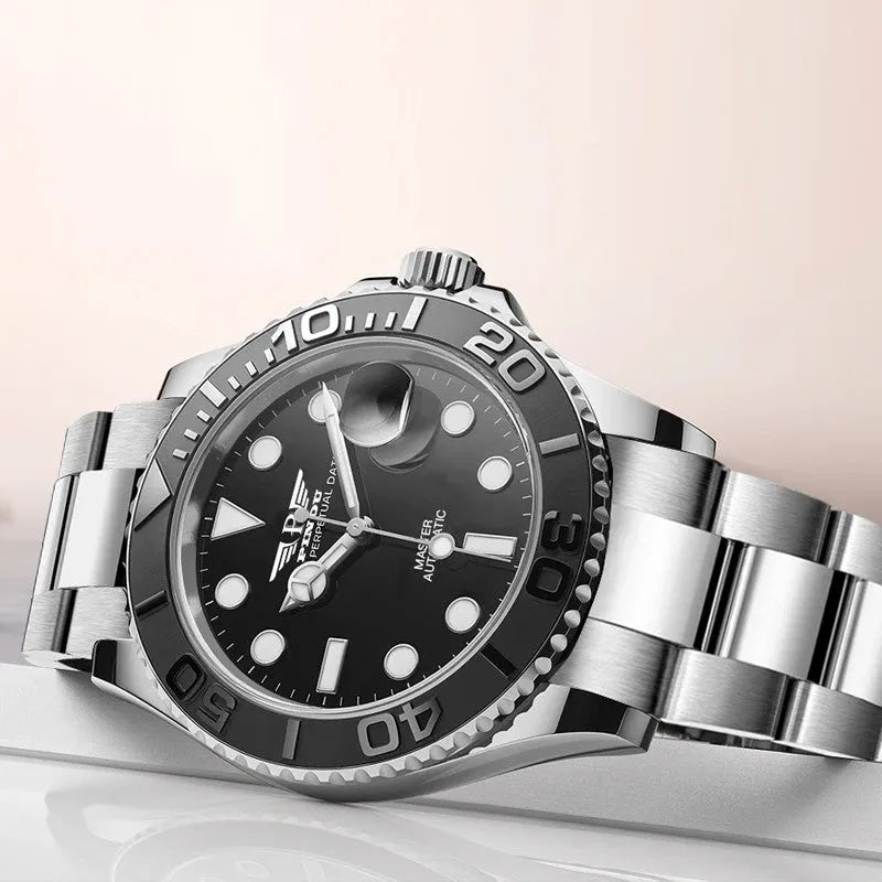 PINDU PD6510 GMT automatic watch with black dial and ceramic bezel on stainless steel bracelet