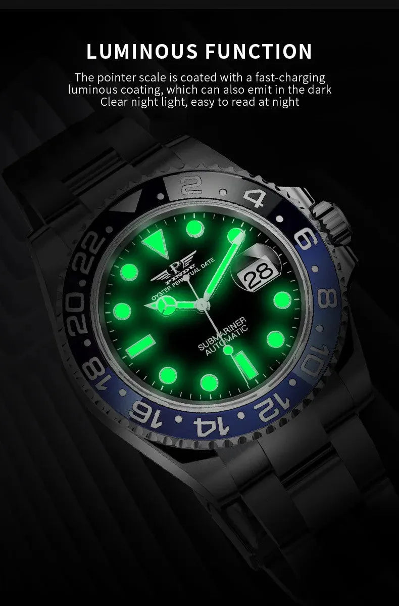 PINDU PD6510 GMT automatic watch specifications graphic with 40mm dial dimensions and parameters