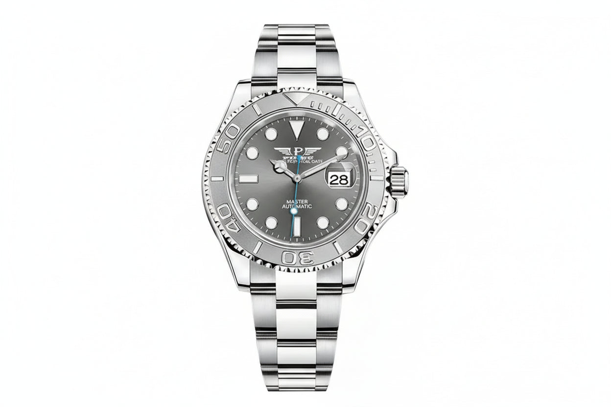 PINDU PD6510 gray dial with silver fluted bezel and steel bracelet, front product view