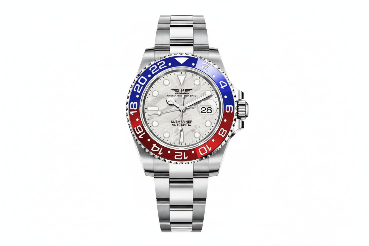 PINDU PD6510 GMT white textured dial with red and blue pepsi bezel, steel bracelet front
