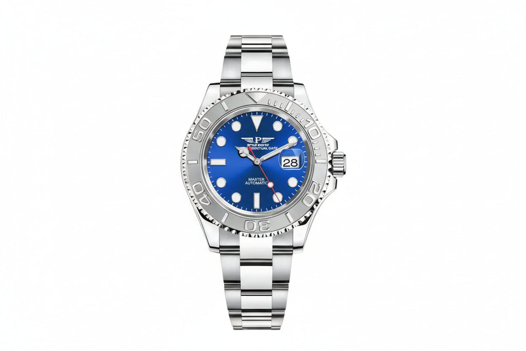 PINDU PD6510 automatic watch with blue dial and silver fluted bezel, front view