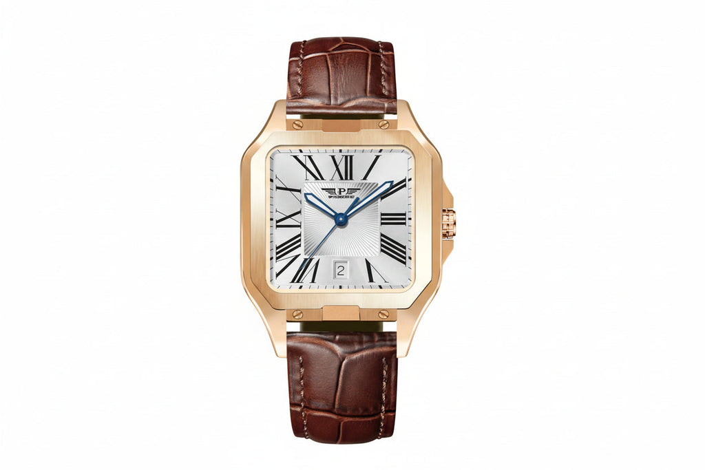 PINDU PD6515 square Roman dial automatic watch with white dial and rose gold case