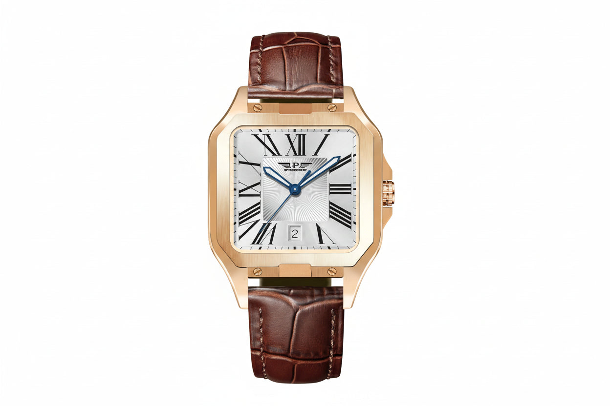 PINDU PD6515 square Roman dial automatic watch with white dial and rose gold case