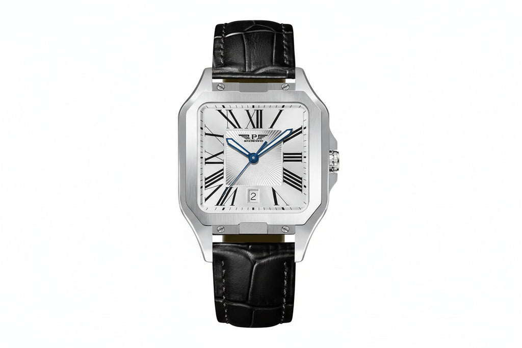 PINDU PD6515 square automatic watch silver case white dial with black leather strap