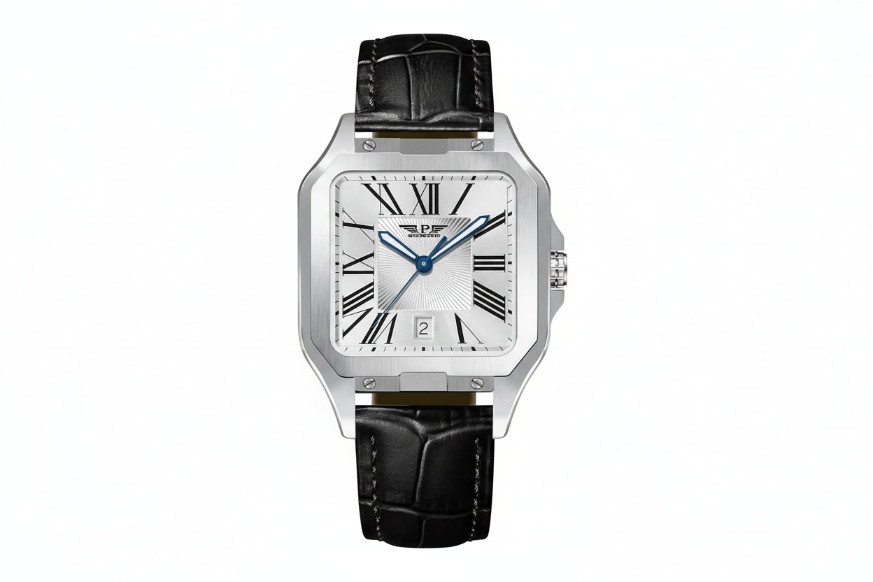 PINDU PD6515 square automatic watch silver case white dial with black leather strap