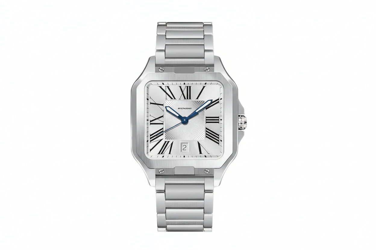 PINDU PD6515 square automatic watch silver case white dial with silver bracelet, front
