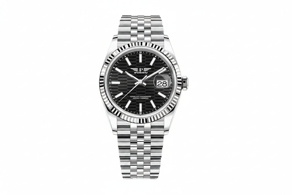 PINDU PD6525 automatic watch with black striped dial and stainless steel bracelet