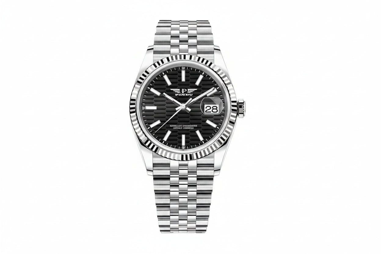 PINDU PD6525 automatic watch with black striped dial and stainless steel bracelet