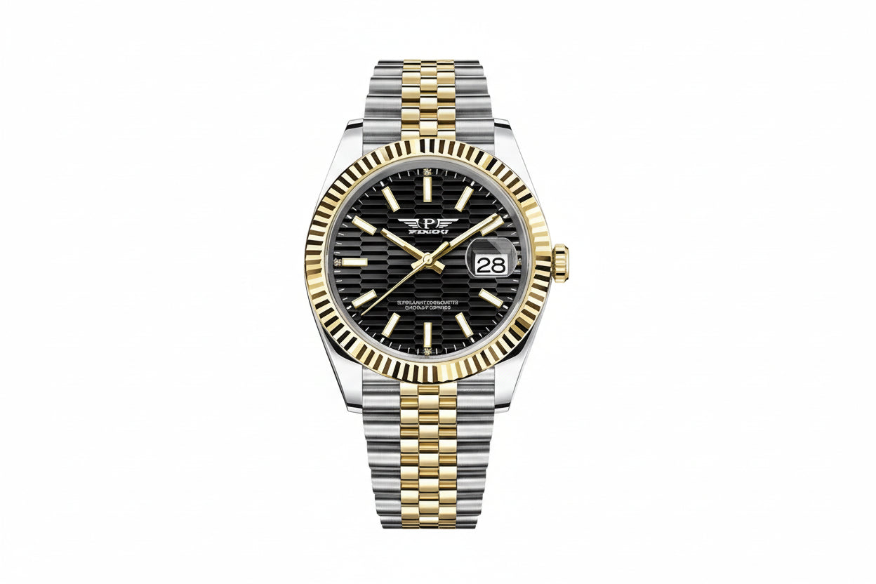 PINDU PD6525 automatic watch with black dial and two-tone steel gold bracelet