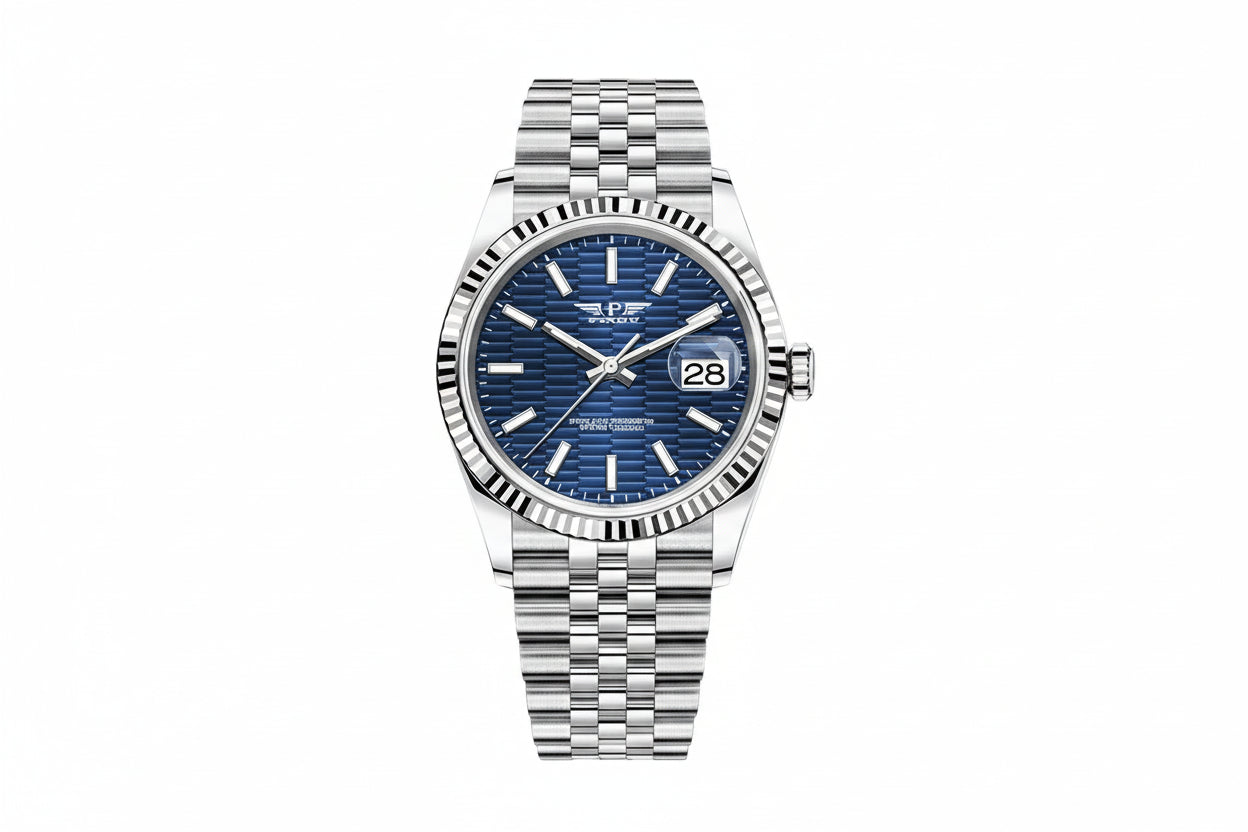 PINDU PD6525 automatic watch with blue striped dial and stainless steel bracelet
