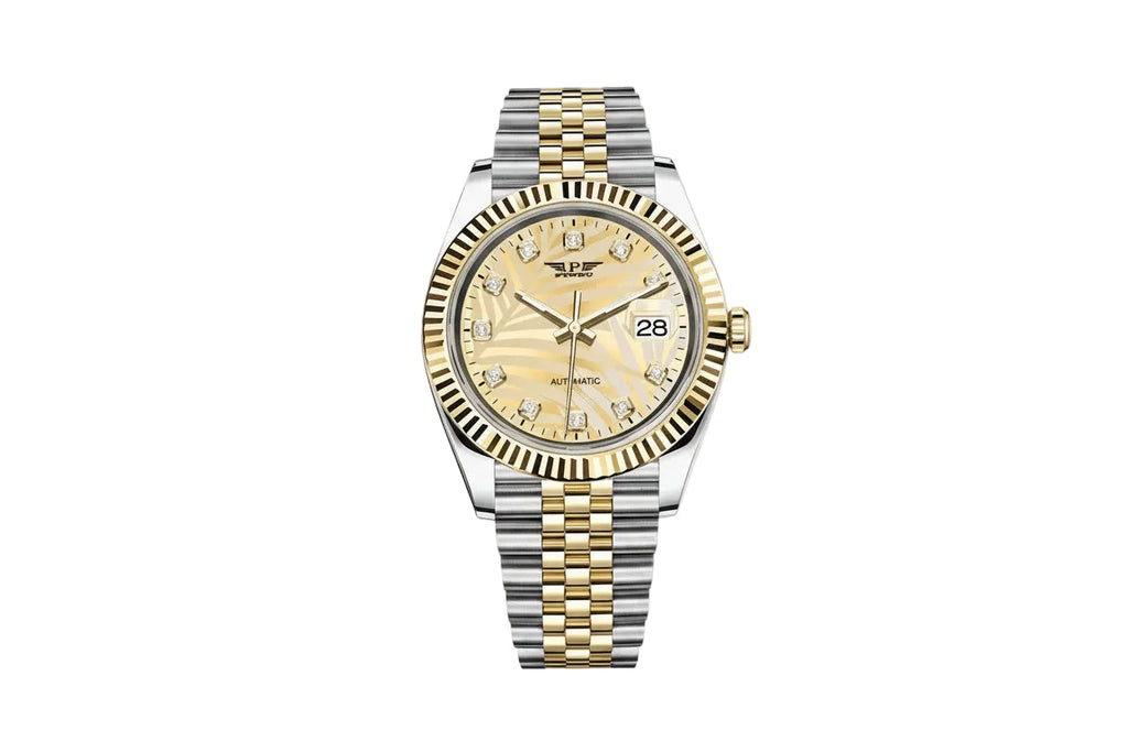 PINDU PD6525 automatic watch with gold palm leaf dial diamond markers two-tone bracelet