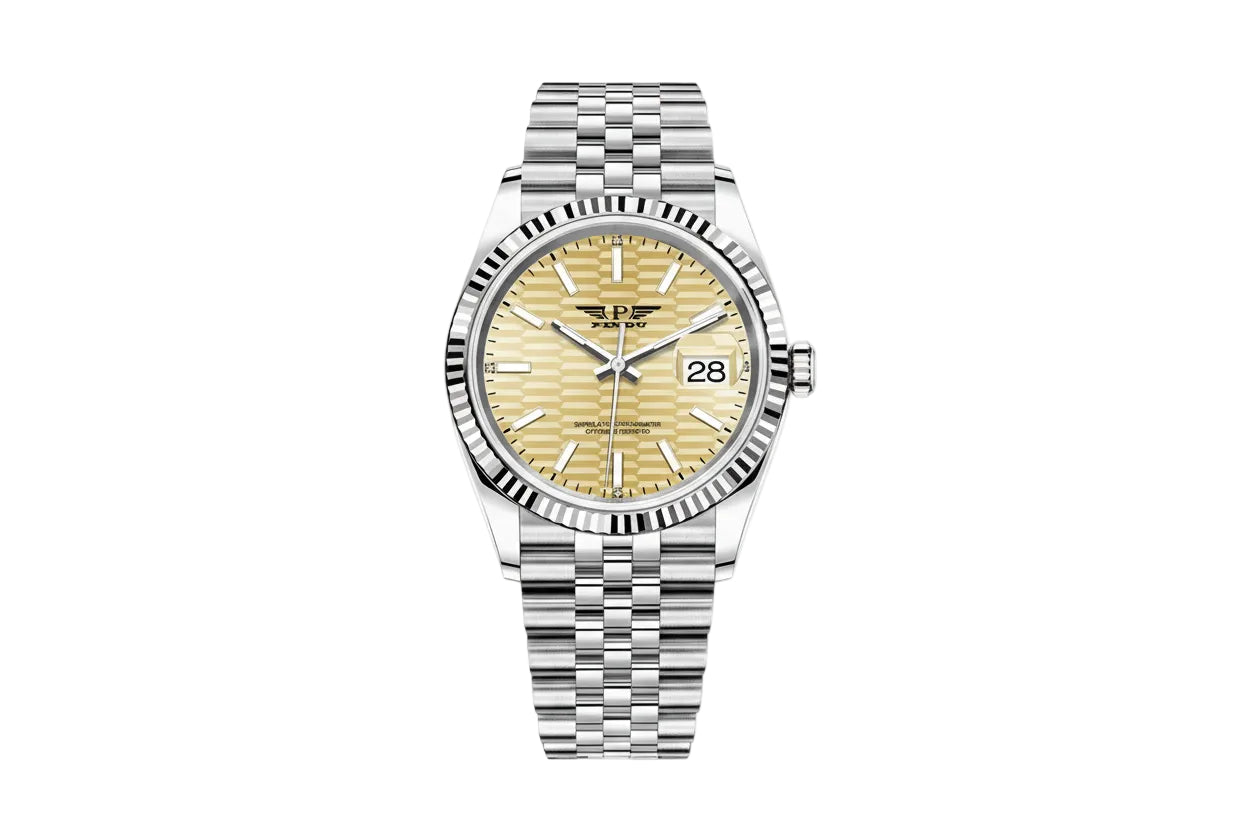 PINDU PD6525 automatic watch with champagne gold dial and stainless steel bracelet