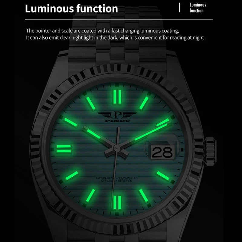 PINDU PD6525 automatic watch luminous function feature graphic with glowing green markers