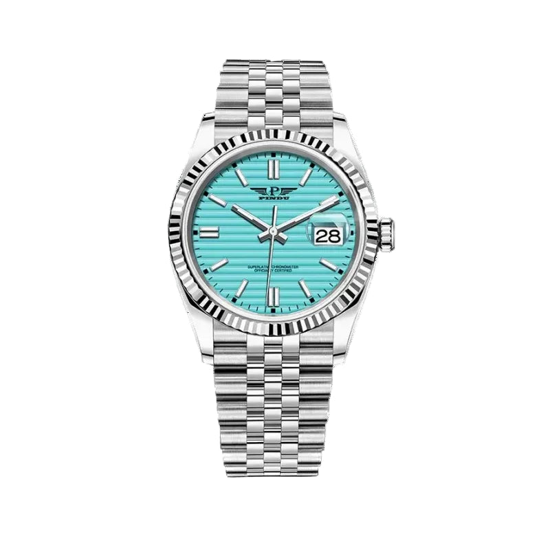 PINDU PD6525 automatic watch with sky blue dial and stainless steel jubilee bracelet